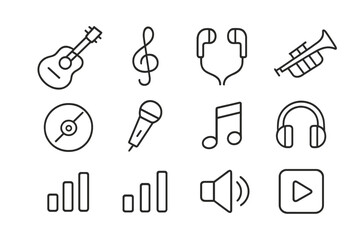 Obraz premium Vector icon set featuring musical instruments, sound elements, and audio symbols for creative projects and designs