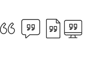 Vector icon set representing quotation marks in different formats for communication, documentation, and digital media