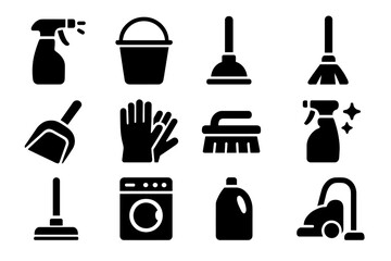 Vector icons representing various cleaning tools and supplies for household chores and maintenance tasks