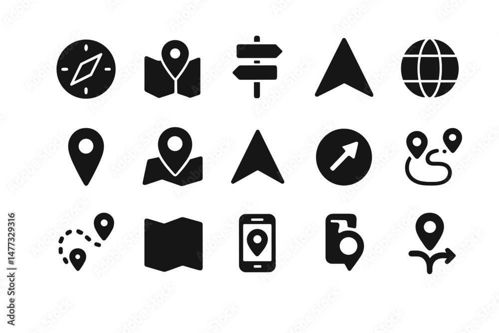 Poster collection of vector navigation icons including maps, compasses, and location markers for web and ap