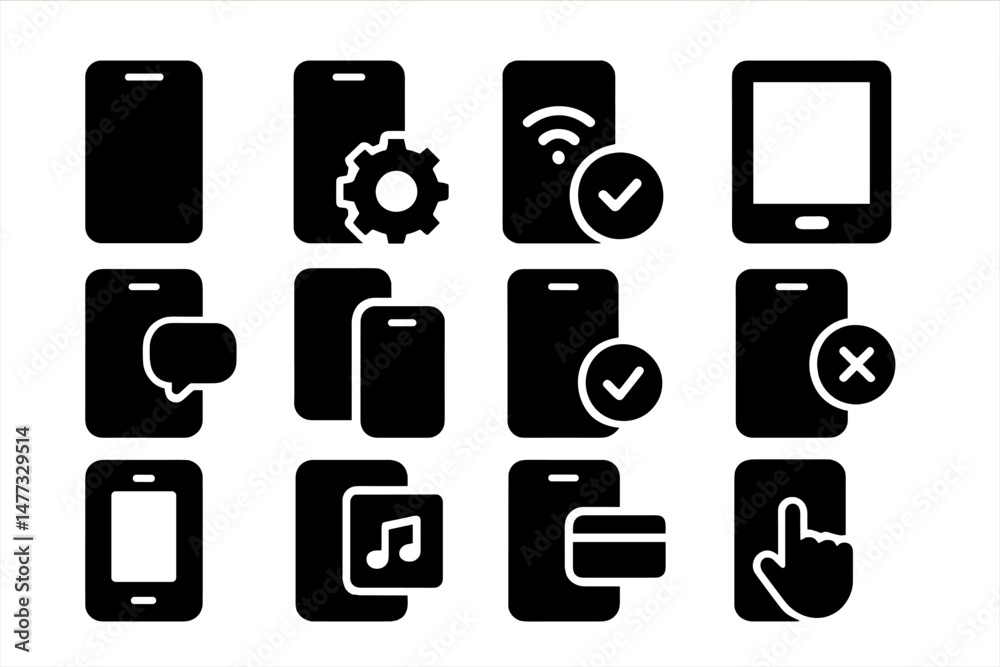 Aufkleber vector icon set featuring various mobile device symbols indicating functions and notifications