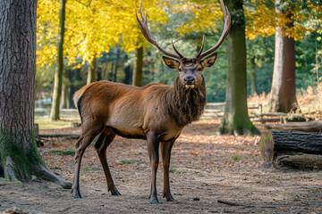 Generative AI image of wild elk deer scenic mountain forest view in summer cloudy sky and natural landscape