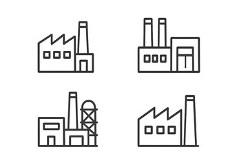 Vector icons depicting industrial buildings, factories, and manufacturing facilities in a minimalist style