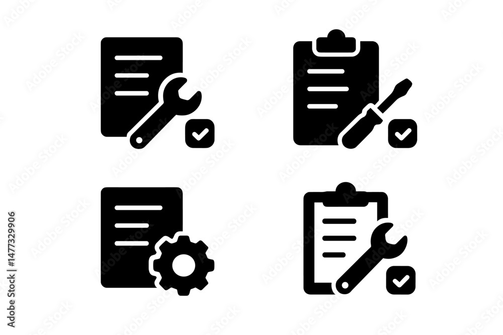 Poster vector icons of tools and checklists representing tasks and maintenance activities for various proje