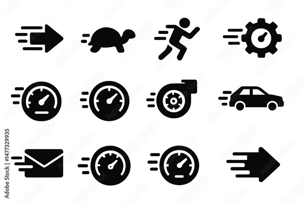 Poster speed and motion vector icons illustrating various concepts of velocity and progress in black and wh
