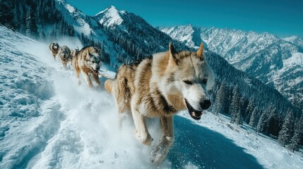 Dogs running in snowy mountains