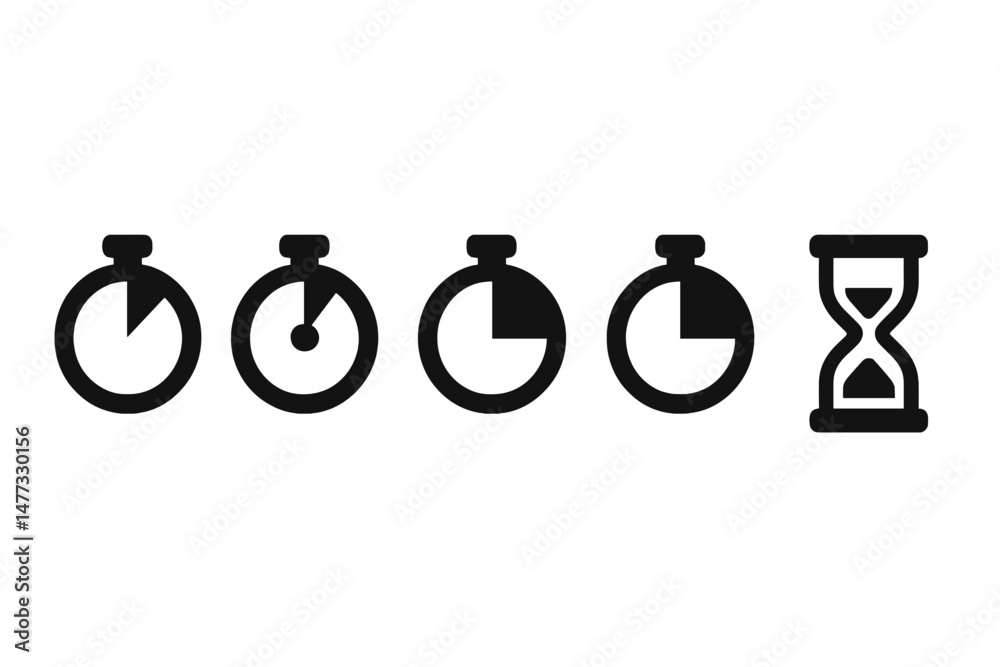 Poster various timer icons illustrating countdown and elapsed time in a minimalist vector style suitable fo