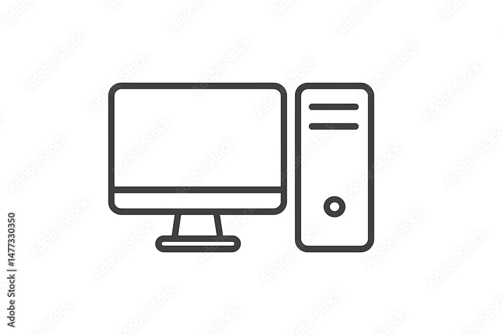 Poster minimalist vector icon of a desktop computer setup featuring monitor and cpu