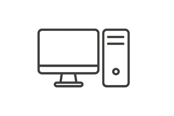 Minimalist vector icon of a desktop computer setup featuring monitor and CPU