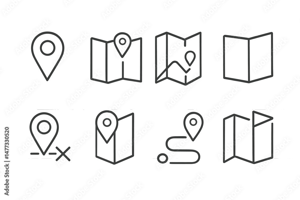 Poster vector icon set featuring various map and location markers designed for navigation and mapping appli