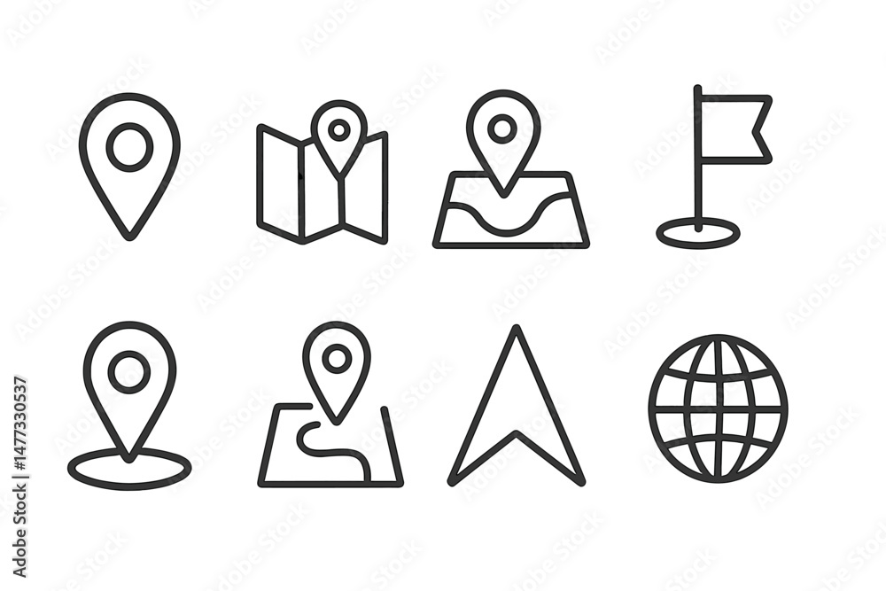 Poster vector icons representing navigation tools and mapping elements for digital applications and content