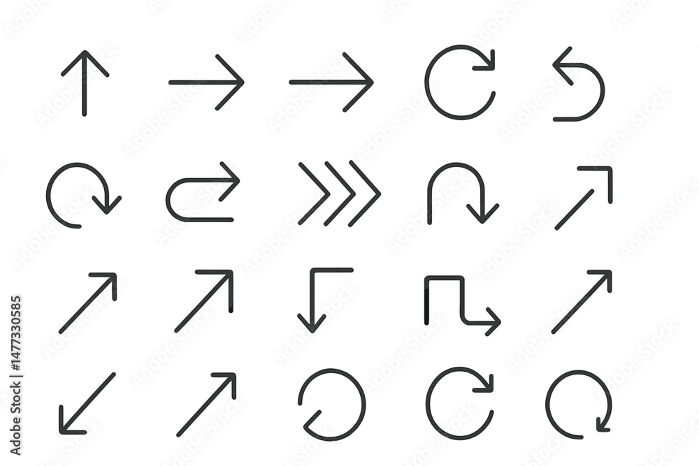 Poster collection of vector icons representing various directional arrows and symbols for navigation and us