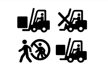Safety icons display forklift operation guidelines in a warehouse setting during business hours