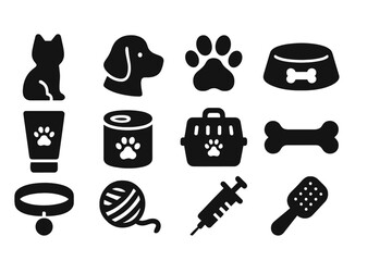 Vector icons representing pet care items including animals, food, and grooming tools for dog and cat owners