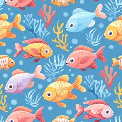 Fototapeta premium seamless pattern of cute cartoon fish, jellyfish, starfish, and sea plants, bright pastel colors, underwater world theme