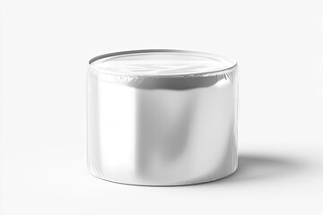 Blank metallic tin can,?smooth surface,?round shape,?sealed lid,?for food or beverage,?isolated on white background