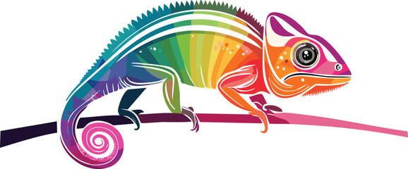 Obraz premium Chameleon with Vibrant Color Transitions Vector - Isolated Reptile Camouflage Art - Psychedelic Wildlife Illustration - Morphing Skin Gradient - Tropical Lizard Graphic