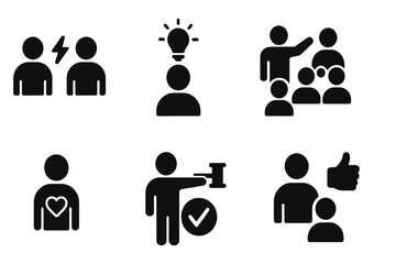 Vector icons representing conflict resolution, brainstorming, teamwork, support, decision making, and collaboration in social contexts