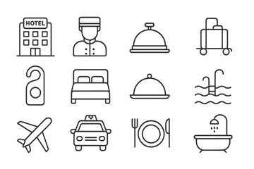 Hotel services and amenities icon set featuring check-in, dining, and transportation options