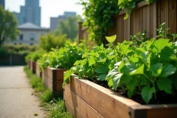 Wooden raised bed garden showcasing vibrant vertical bean plants against a city backdrop , plant, beans