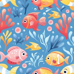 Fototapeta premium seamless pattern of cute cartoon fish, jellyfish, starfish, and sea plants, bright pastel colors, underwater world theme