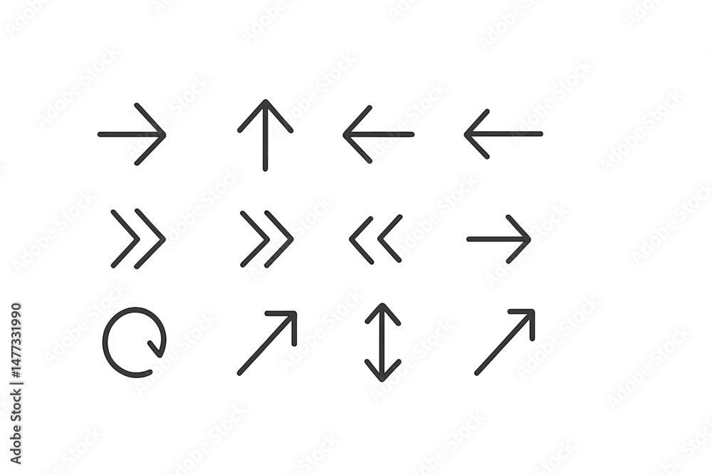 Poster collection of vector icons depicting various directional arrows and loops arranged in a grid format 