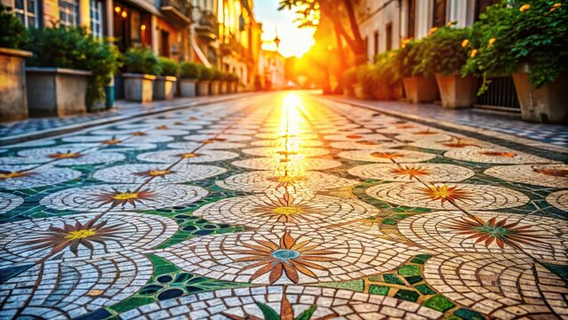 Sunlit Mosaic Street at Golden Hour A Detailed View of Ornate Pavement Design