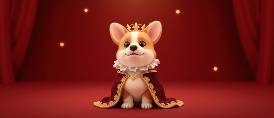 cute corgi wearing royal crown and cape, exuding charming and regal presence in vibrant red setting