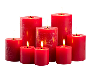 Set of Red Burning Candles with Flame, Isolated on Transparent Background