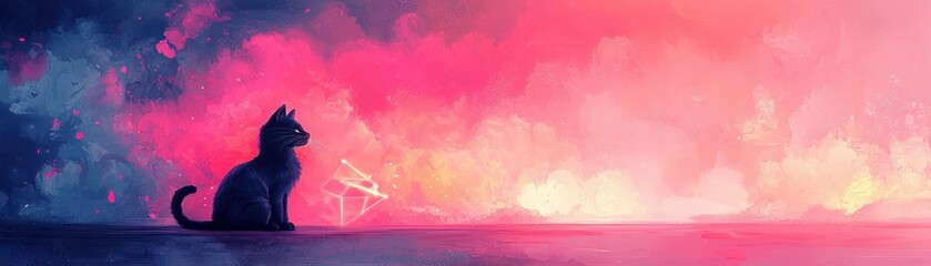 A silhouette of a cat against a vibrant, colorful sunset, evoking tranquility and wonder.