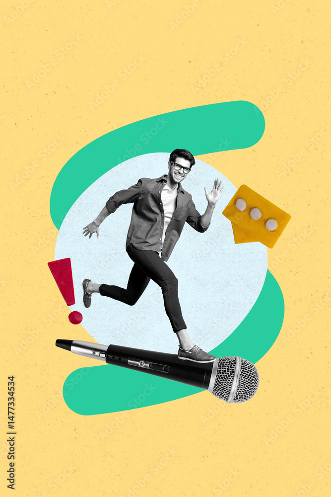 Poster trend collage of person stand microphone with textbox exclamation mark on yellow background