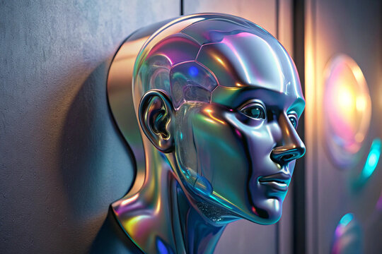 Abstract 3D render illustration of holographic human face in the wall, robotic head made of glossy iridescent material. Artificial intelligence&nbsp;concept.