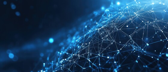 Fototapeta premium Abstract Blue Network of Lines and Dots Connecting Global Data in Cyberspace Conceptual Visualization