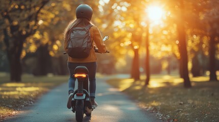 Woman riding electric scooter through park during golden hour on a sunny autumn afternoon