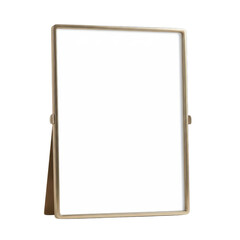 Obraz premium Blank white photo frame with gold-tone metal on dark background, standing upright for display