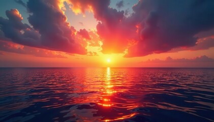 Fototapeta premium Brilliant sunset casting long shadows on the tranquil sea, fiery sky mirroring the water , sky colors, afterglow, texture