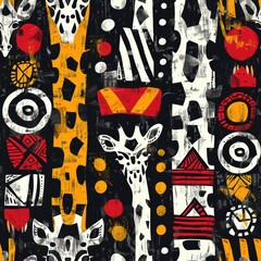 Obraz premium seamless pattern of giraffe spots, zebra stripes, and tribal symbols in abstract African ethnic style