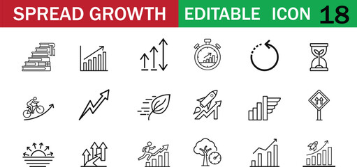 Growth Spread Icon Set – Line Art Symbols for Business Expansion, Financial Progress, Analytics. Perfect for Websites, Apps, Reports, Marketing, and Data Visualization Projects.