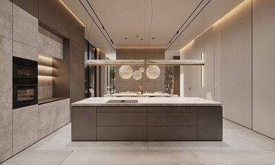 Wooden kitchen room with dining table and bar chairs, parquet floor. Kitchen open space room near living room area with bookshelf, wooden light furniture, 3D rendering no people