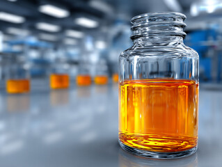 a clean shot of a clear bottle filled with amber fluid, in a minimalist scientific setting, ideal for illustrating medical or research concepts.