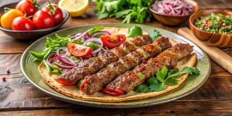 Sliced Adana kebab served with salad and bread, Turkish dish, kebab meat
