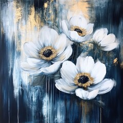 Obraz premium Floral painting of white anemones on a textured background with gold accents studio shot of a flower bouquet