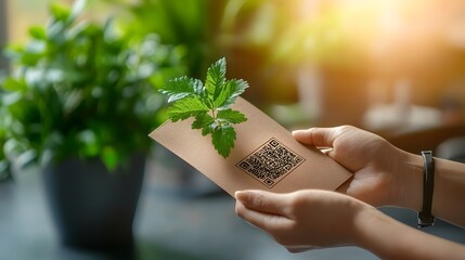 Photograph of a single human hand holding a green leaf with a barcode printed on it symbolizing the commercialization and exploitation of natural resources in modern consumerist society