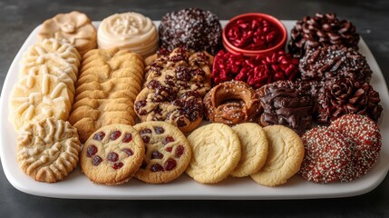 Christmas Cookie Platter - Abundant assortment of different holiday cookies neatly arranged on a large white serving platter with subtle shadows.