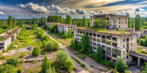 Fototapeta premium Derelict Soviet-era military base with crumbling concrete buildings and overgrown vegetation , Soviet Union, decay
