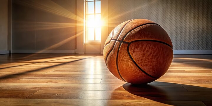 basketball on wooden floor in sunlit room, sunlight, sports scene - Powered by Adobe
