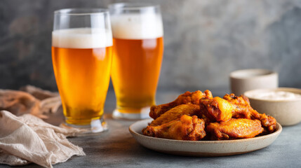 Classic game day pairing: beer and wings with rustic ambiance