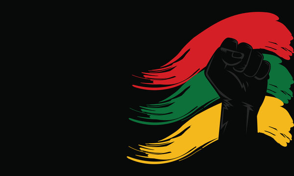 Vector of raised clenched fist symbolizing freedom with Afrocentric Juneteenth pattern background. Includes copyspace for text. Ideal for liberation and empowerment themes.