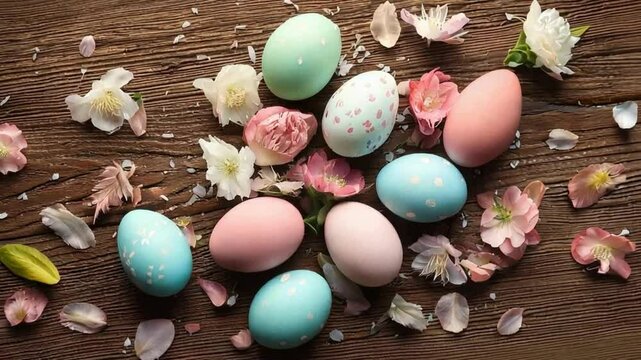 Pastel easter eggs and flowers arranged on a rustic wooden surface for spring celebration theme