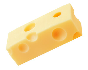 Emmental cheese cubes isolated. Swiss holey maasdam cheese piees on white background close up.
